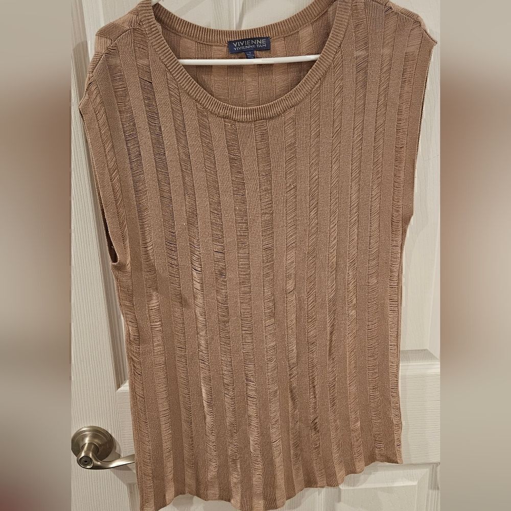 Vivienne Tam Mesh Thread Striped Taupe Blush Rayon Sleeveless Blouse Size S